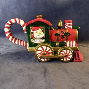 Loomco Vintage 1994 Christmas Train Teapot Candy Cane Handle Santa Locomotive